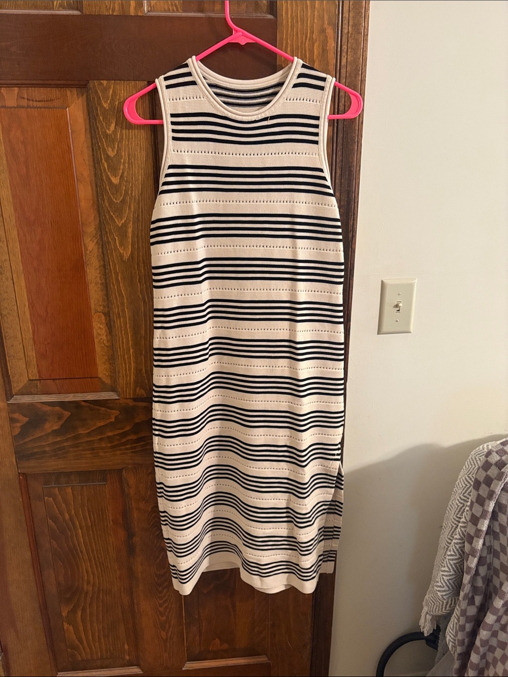 Sleeveless Black and Cream Striped Knit Midi Dress